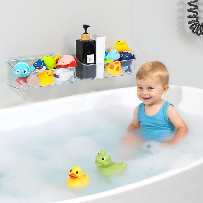Bath Toy Storage Holder For Bathtub, Wall Mounted Shower Bath Tub Baby Toy Organizer, Hanging Clear Plastic Shower Caddy for Bathroom,2 PACK