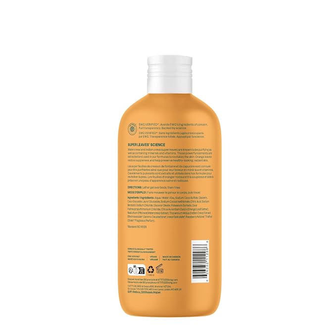 ATTITUDE Body Wash, EWG Verified Shower Gel, Dermatologically Tested, Plant and Mineral-Based, Vegan Personal Care Products, Orange Blossom & Eucalyptus, 16 Fl Oz
