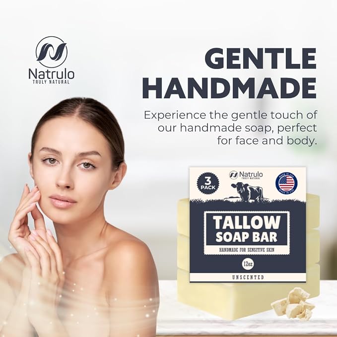 Beef Tallow Soap Bar – All Natural Grass Fed Tallow Soap Unscented – Moisturizing Face & Body Wash Great for Eczema, Dry, Itchy, Sensitive Skin – Handcrafted Bath Soap for Adults, Kids, Made in USA