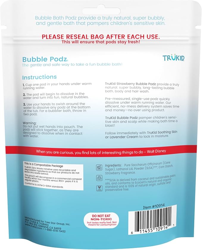 TruKid Bubble Podz Bubble Bath for Kids, Toddlers, & Babies, Tear Free Gentle & Refreshing Bath Bomb for Sensitive Skin with Natural Moisturizers, Non-Toxic, pH Balanced, Strawberry Scent (60 Podz)