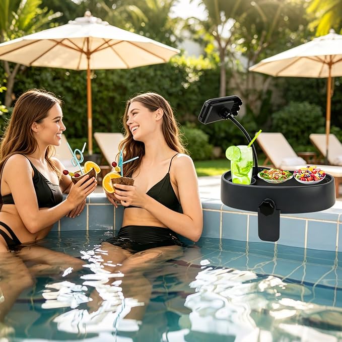 Hot Tub Table Tray with Adjustable Phone Holder, Nonslip Bathtub Table Tray, Between 2.4-7.4" Hot Tub Accessories for Adults with 2 Cup Holders, Clip-on Pool Side Table for Above Ground Bathtub (Gray)