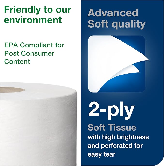 Tork Matic Hand Towel Roll, White With Gray Leaf, H1, 100" Recycled Fiber, 2-Ply, 6 Rolls x 525 ft - 290092A & Mini Jumbo Bath Tissue Roll - Toilet Paper Towels, 12 rolls x 1075, 2-Ply Sheets, White