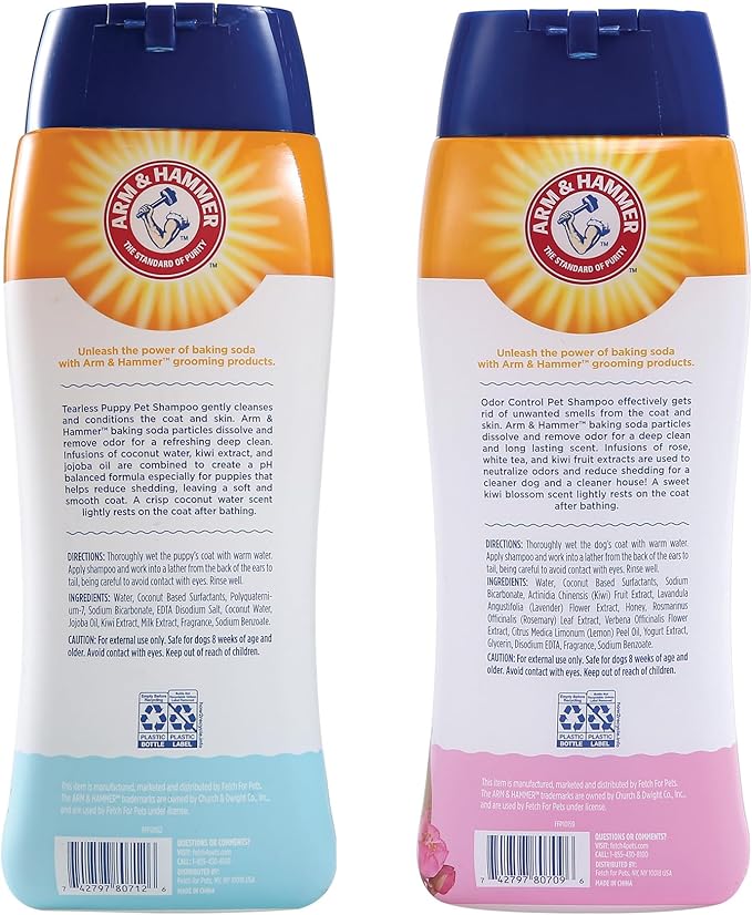 Arm & Hammer Tearless Puppy Shampoo & Deodorizing Dog Shampoo Bundle – Gentle Coconut Water & Kiwi Blossom Scented Tearless Shampoos for Puppies & Smelly Dogs, 20 Fl Oz Each