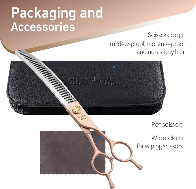 Professional Curved Chunker Dog Grooming Scissors 8.0'' Rose Gold Thinning Shears Extremely Sharp Blades 440C Stainless Steel Thinning Shears Durable Smooth Fine Cut for Dogs and Cats.