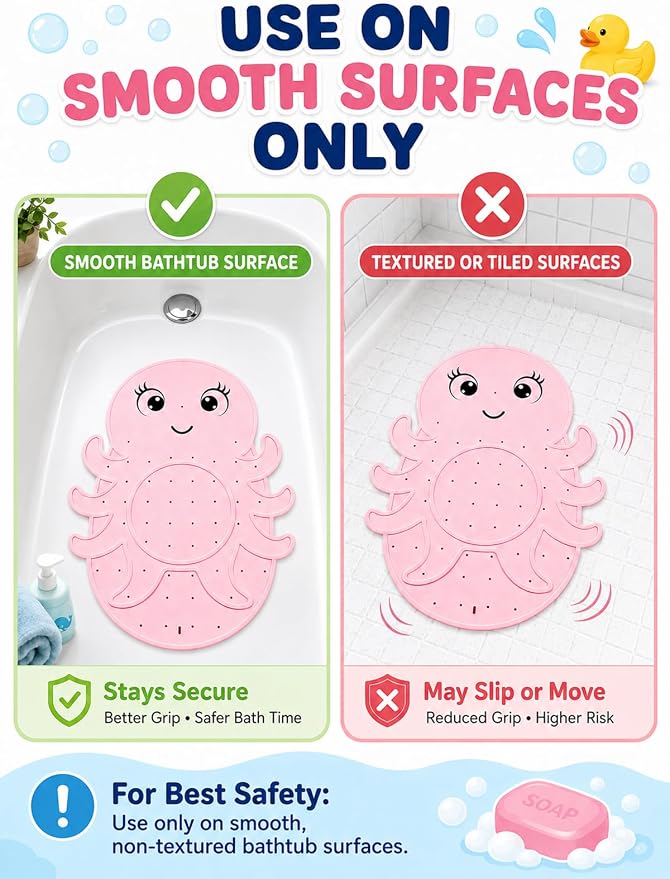 Kids Bathtub Mat Non Slip, Soft Silicone Octopus Baby Bath Mat for Tub, Toddler Bath Mat with Large Suction Cups, Washable Anti Slip Shower Mat for Children, Smooth Tub Surface Only