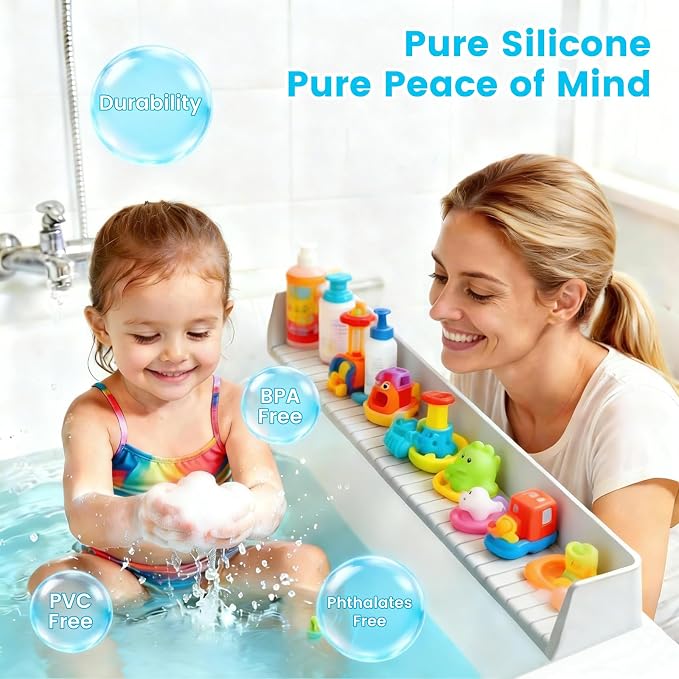 Bathtub Splash Guard with Suction Cups, Silicone Bathtub Guard with Non-Slip Ridges, Bathtub Edge Guard for Kids, Elderly, Pets(Grey)