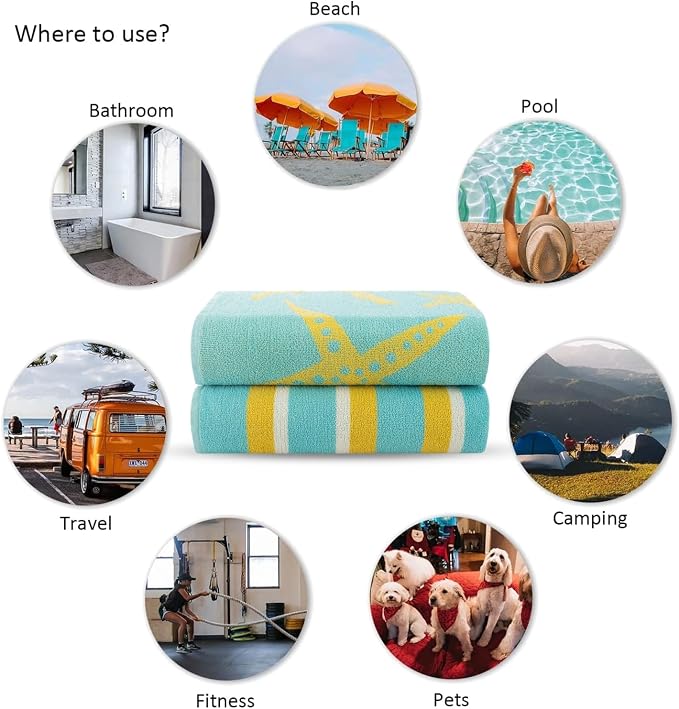 CASA COPENHAGEN Miami Towel 2Pcs Starfish Teal - Teal Stripe Designer Stripe Beach Towels Set, 35"x70" Oversized 100% Cotton Pool Bath Towel for Beach (Gift Set for Women & Men)