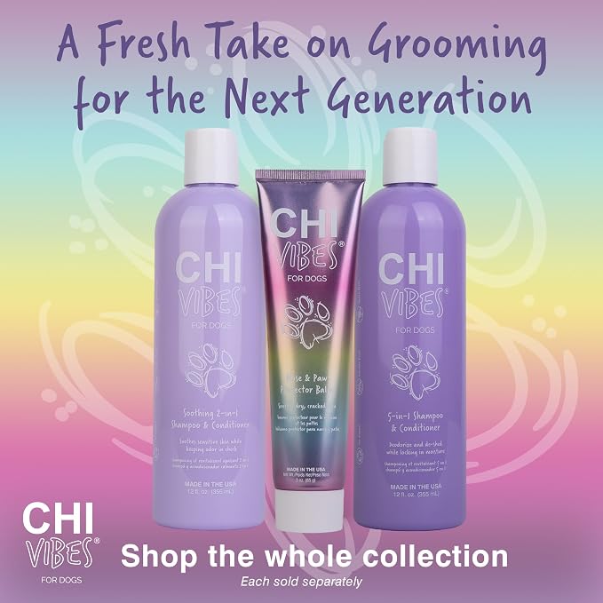 CHI Vibes for Dogs Soothing 2 in 1 Dog Shampoo and Conditioner Sensitive Skin Cleanser Dog Deodorizer for Puppies and Adults Vegan pH Balanced Gluten Paraben Free Made in USA 12 FL OZ Grooming