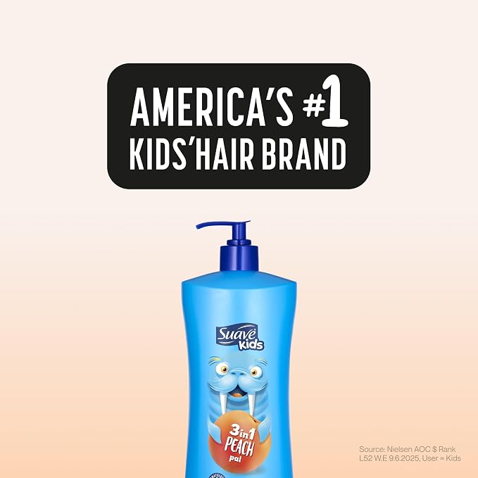 Suave Kids 3-in-1 Tear Free, Body Wash, Shampoo and Conditioners, Dermartologist Tested, Peach Pal, 28 Oz Pack of 4