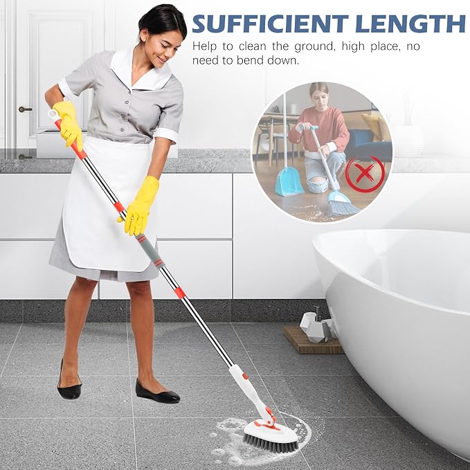 SetSail 4-in-1 Tile Tub Floor Scrubber with 52-inch Adjustable Long Handle Shower Cleaner Brush Comes with Floor Scrub Brush and 3 Replacement Brush Heads for Cleaning Bathroom Tub Tile, Orange