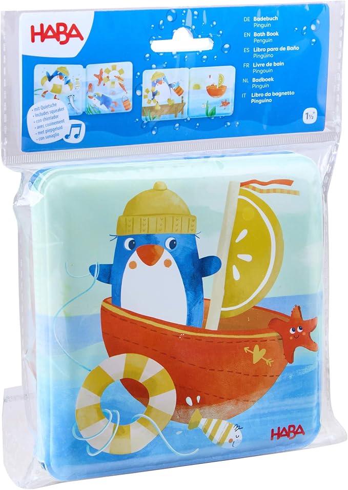 HABA Penguin Bath Book with Squeaker – Soft Baby Sensory Books, Waterproof Interactive Bath Toy for Water Play and Toddler Pool Toys