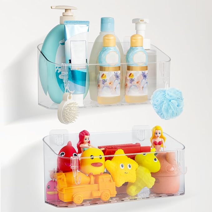 Bath Toy Storage Adhesive Shower Caddy for Baby Bath Toys Bathtub Toy Storage Holder Organizer Large Capacity Acrylic Shower Shelves for Bathroom Babies Bathing Accessories Shelf, 2 Pack