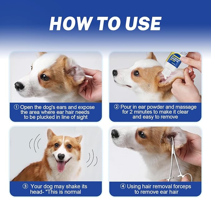 Dog Ear Hair Removal Tool with Ear Powder – 5.5” Curved Locking Forceps – Helps Remove Excess Ear Hair, Absorb Moisture & Reduce Odor for Poodles, Schnauzers, Shih Tzus & Cocker Spaniels