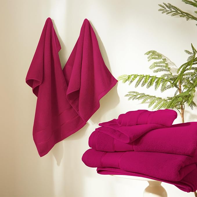 Marvione Bath Towels Set 6 Piece, 100% Turkish Cotton Highly Absorbent and Soft Towels for Bathroom 2 Bath Towels 2 Hand Towels 2 Washcloths, Hot Pink