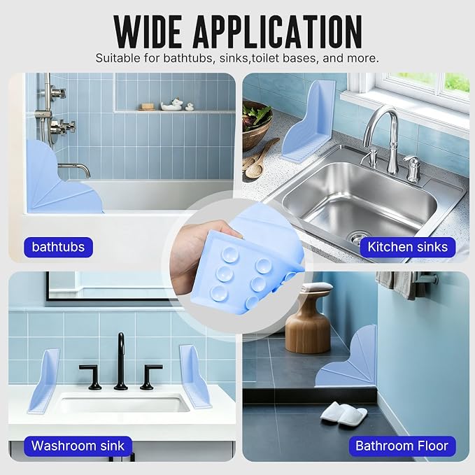 BUCABUCA 2-Pack Silicone Shower Splash Guard with Strong Suction Cups, No Adhesive L-Shaped Bathroom Water Splash Blocker, Reusable Silicone Water Guard for Bathtub, Washbasin, Kitchen Sink (Blue)