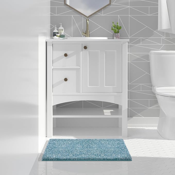 Yimobra Cushioned Anti-Fatigue Bathroom Rug, Bath Mat Non Slip Washable, Dense Soft Microfiber for Bathroom Sink, Shower, Tired Feet Comfort, Absorbent, 24" X 17", Denim Blue