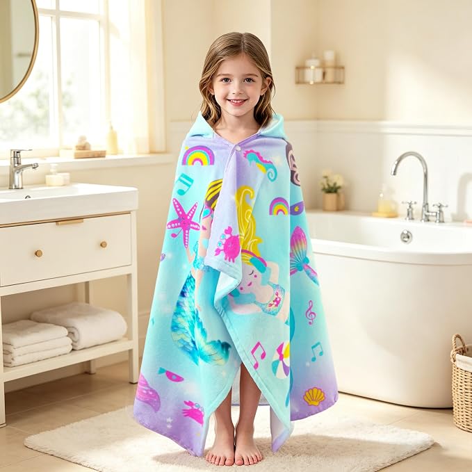 VOOVA & MOVAS Kids Hooded Beach Towel Age 3-8, 30''X50,Soft | Thick | Large | 100% Cotton,Absorbent Beach, Bath, Pool Towels Wrap for Girls, Sea Mermaid