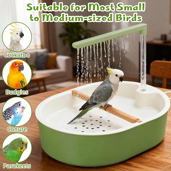 Automatic Bird Bath with Pump, Parrot Bathtub with Anti-Bite Cord Protector, USB Electric Large Bird Bathtub Water Circulating Bird Shower for Parakeet Cockatiel African Grey Lovebird Green