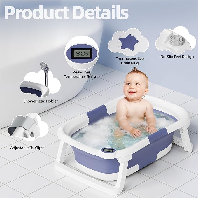 Collapsible Baby Bathtub with Thermometer, 0-36 Months, Blue | Real-time thermometer, quick drain plug, double-fold storage, PP+TPE tub, portable for home and travel