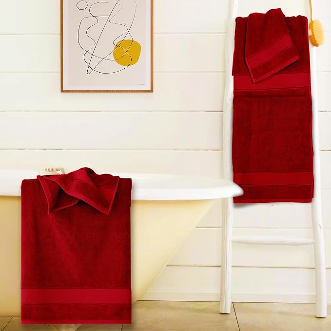 COZYART Red Bath Towel Set 6 Piece, 100% Zero Twist Ring Spun Turkish Cotton 650GSM, Ultra Soft Absorbent Fast Dry Hotel Quality Bathroom Towels