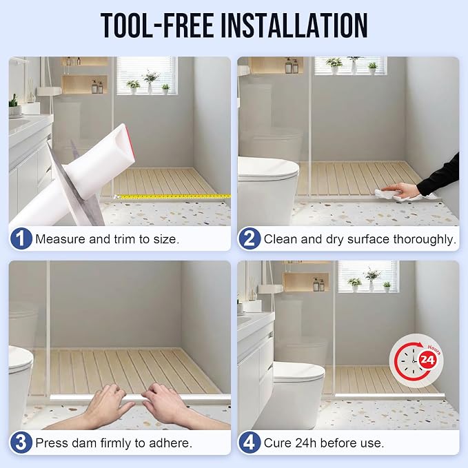 Shower Threshold Water Dam Guard- (39 Inch) Collapsible Silicone Barrier for Walk-in Showers - Self-Adhesive Bathroom Floor Water Stopper for Wet/Dry Separation - White