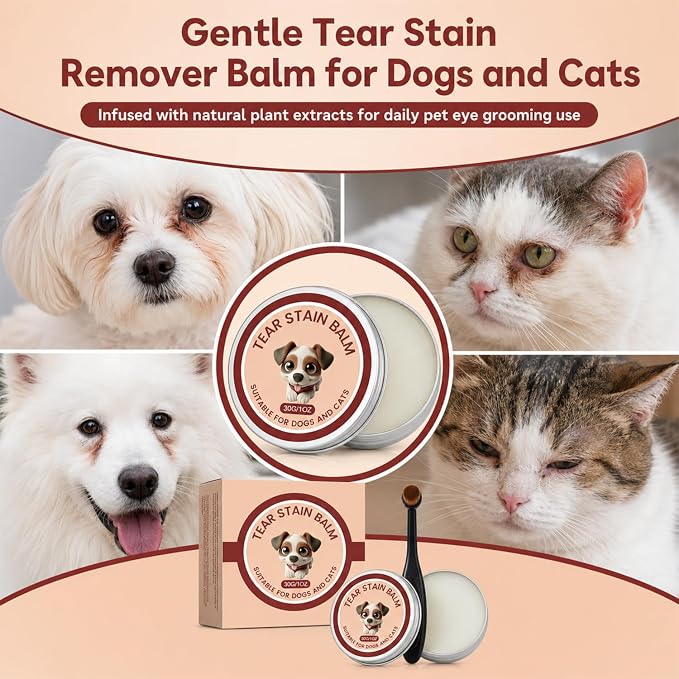 2Pcs Tear Stain Remover Balm for Dogs & Cats with Pro Powder Brush, Gently Removes Eye Gunk & Stains – Great for White Dogs, Daily Eye Cleaning, Mild Formula