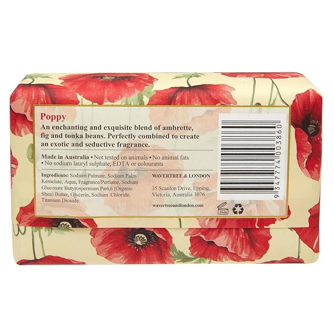Wavertree & London Poppy Scented Natural Soap Bar, 7oz Moisturizing French Triple Milled Soap Bar for Women & Men Enriched with Organic Shea Butter, Pure Bath & Body Soap (1 Bar)