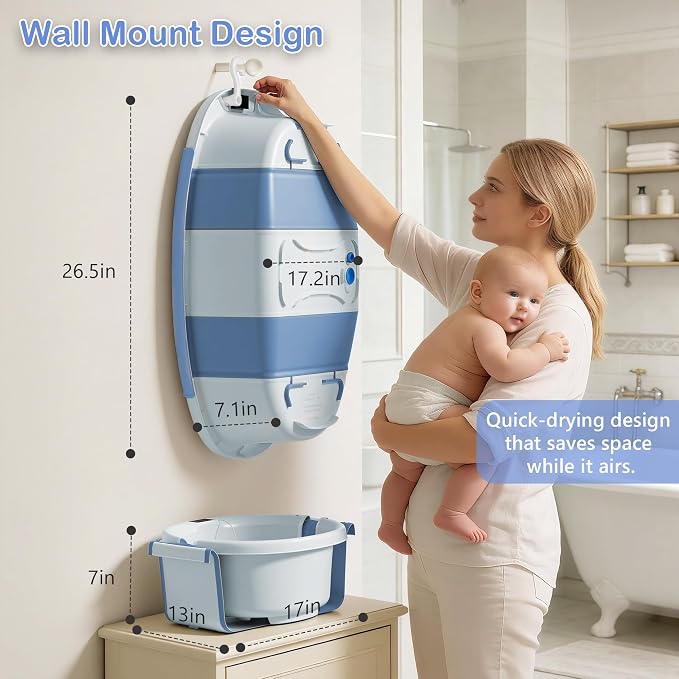 Collapsible Baby Bathtub - Large Baby Bath Tub with Thermometer | Bath Essential Bañera para Bebe Easy Fold Baby Tub | Travel Infant Newborn Toddler Bathtub for Baby Girl Boy 0 to 36 Months (Blue)