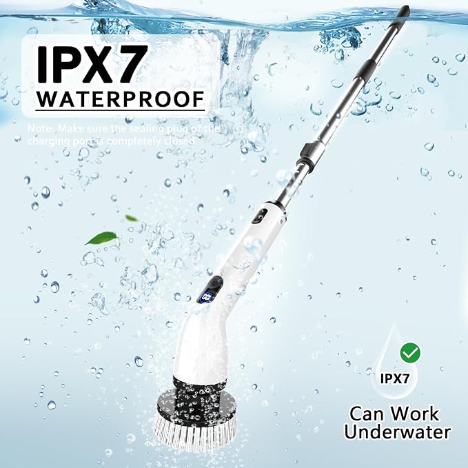 TUYU Electric Spin Scrubber, Full-Body IPX7 Waterproof Bathroom Scrubber with Power LCD Display, 8 Replacement Head, Adjustable Extension Handle, Cordless Shower Cleaner Brush for Bathtub Cleaning