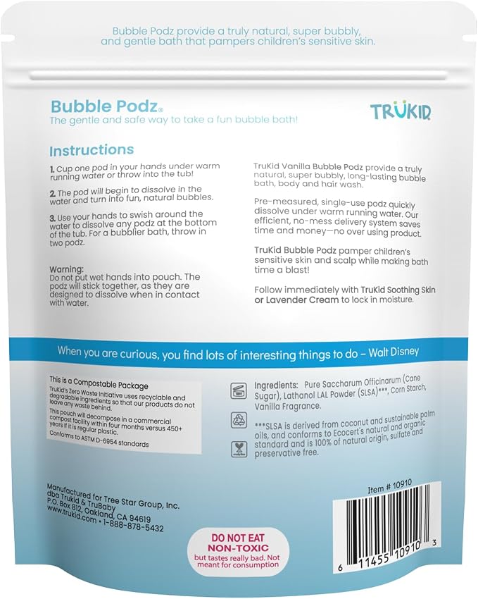 TruKid Bubble Podz Bubble Bath for Kids, Toddlers, & Babies, Tear Free Gentle & Refreshing Bath Bomb for Sensitive Skin with Natural Moisturizers, Non-Toxic, pH Balanced, Vanilla Scent (24 Podz)