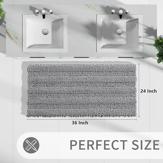 Yimobra Bathroom Rug Mat 36 x 24, Non Slip and Super Absorbent Bath Mat,Machine Washable Quick Dry,Ultra Plush Chenille Shower Rugs for Bathroom Floor Sink Tub and Shower Outside,Gray