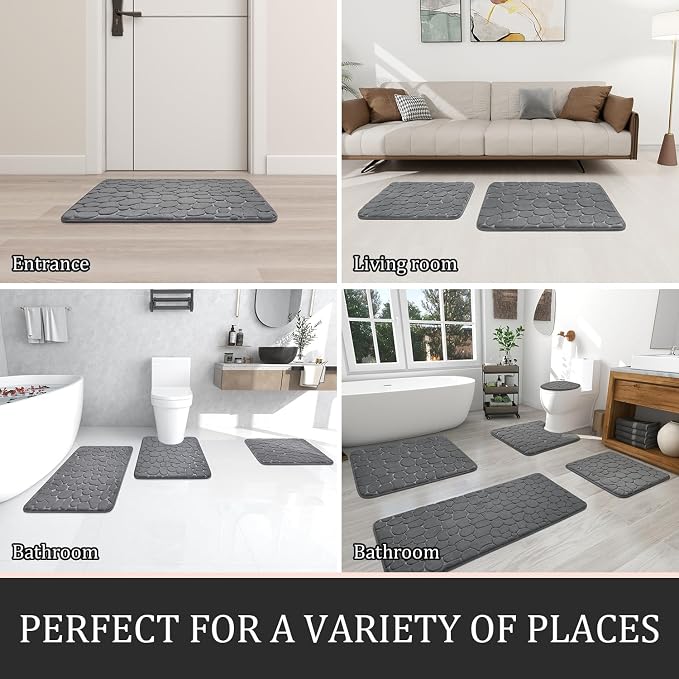 YIHOUSE Bathroom Rugs Mat Set, Memory Foam Bath Mat 2 Piece Dark Grey | 17x24&20x46, Non Slip, Water Absorbent, Washable, Bath Mat For Bathroom, Sink and Toilet