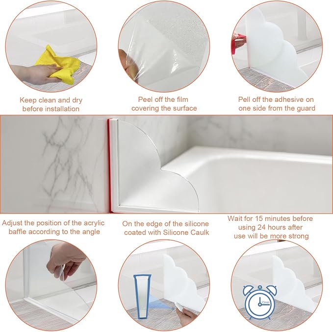 Splash Guard for Bathtub, Large Shower Splash Guard, Waterproof Self-Adhesive Shower Corner Water Guards for Walk, Bath Tub Guards to Keep Water Blocker for Sink & Rental 2 Pack 9.25x9.25 In
