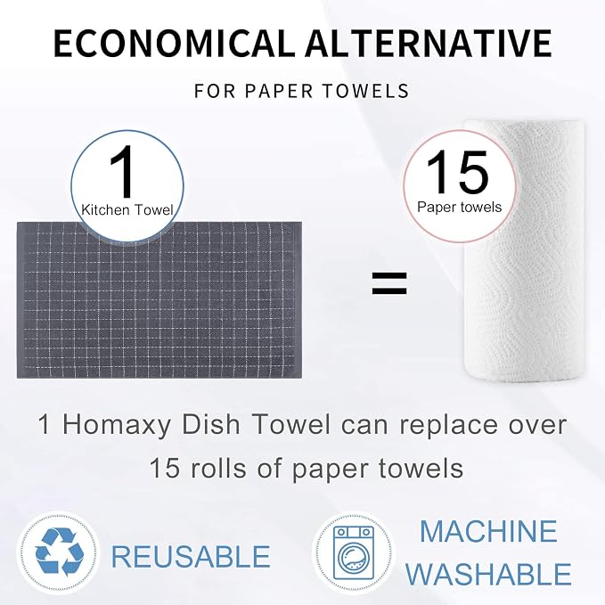 Homaxy 100% Cotton Terry Kitchen Towels(Dark Grey, 20 x 28 inches), Checkered Designed, Soft and Super Absorbent Dish Towels, Large 4 Pack