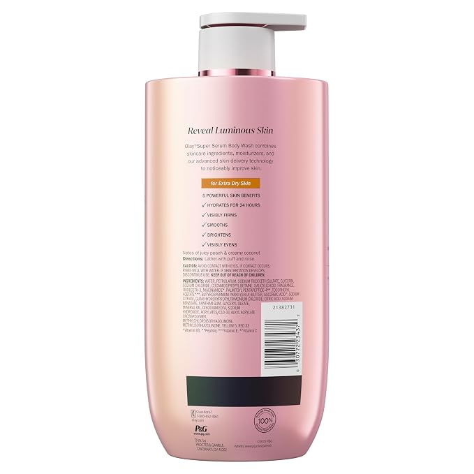 Olay Super Serum Body Wash for Extra Dry Skin, 24hr Long Lasting Rich Hydration, 5+ Ingredient Complex for Bright, Even, Firm, & Luminous Skin, with Collagen Peptide, Vitamin C & Shea Butter, 28 fl oz