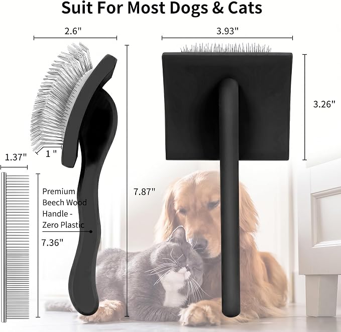 Wooden Long Pin Slicker Brush for Dogs, Doodles, Poodles, Long Hair | Grooming, Detangling, and Fluffing for Wavy and Curly Hair—Designed for Heavy, Thick Coats to Prevent Matting at Home