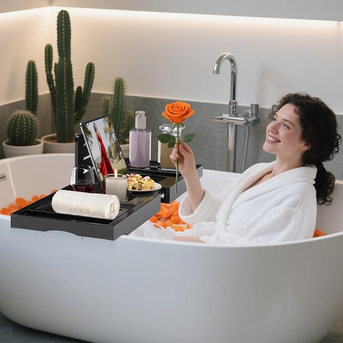 Bathtub Tray Caddy,Premium Bamboo Expandable Bath Tub Trays Table, Foldable Bathroom Accessories,Great House Warming, Anniversary and Birthday Gifts,Black
