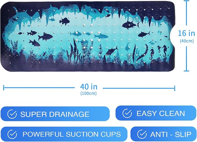 Blue Bathtub Mat Non Slip 40x16in Extra Long Bath Mat for Tub Funny Cute Ocean Animals Anti Slip Shower Mat for Bathroom with Large Drain Holes and Suction Cups Quality Bath Mats and Bathtub Decor