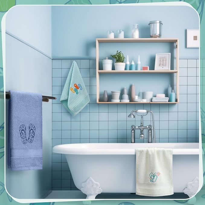 Hahafelt 3 Pack Coastal Hand Towels for Bathroom 100% Cotton Embroidered Beach Bathroom Towels 13.78 x 29.53 Inch Soft Absorbent (Flip Flops)