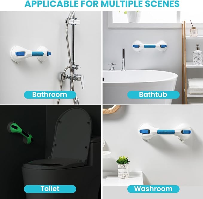TAILI Grab Bars for Shower Glow in The Dark, 2 Pack 12.2" Grab Bars for Bathtubs and Showers,Shower Handles Rails for Seniors and Elderly,Bathroom Safety Removable No Drilling Waterproof Blue,G9