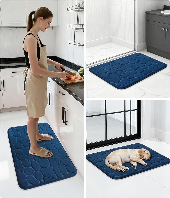YIHOUSE Memory Foam Bath Mat Cobblestone Bathroom Rugs Super Water Absorbent Bath Mats for Bathroom Machine Washable Bath Rugs(24 x 36,Dark Blue)