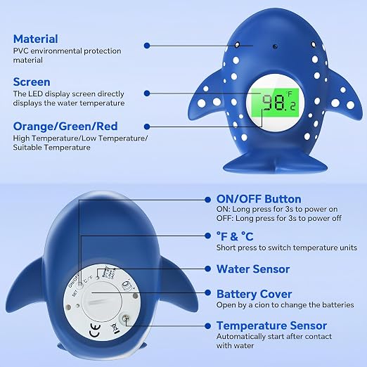 Baby Bath Thermometer for Infant & Toddler,Floating Digital Water Temperature Thermometer with 3-Color LED Backlight, Instant Accurate Reading,Baby Bath Toy,Hot & Cold Alert(Deep Blue Whale)