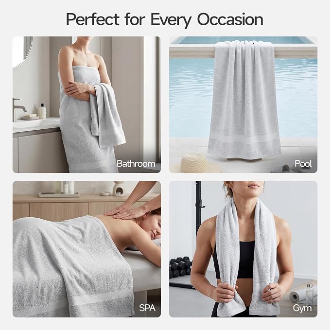 ecolook 2 Pack 100% Cotton Bath Towels, 28 x 55 Inches, Soft | Lightweight, Highly Absorbent & Quick Dry Body Towels for Bathroom, Shower, Gym & Daily Use, Light Gray
