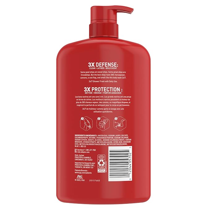Old Spice Refreshing Body Wash for Men, 3X Defense, 24/7 Shower Fresh with Long Lasting Scent, Red Collection, Captain with Bergamot Scent, 33.4 oz,(Pack of 2)