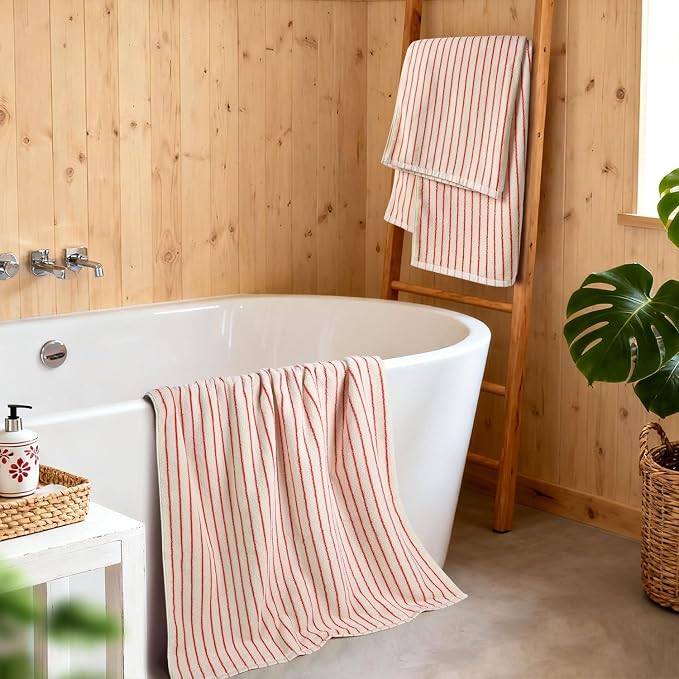 Jacquotha Striped Bath Towels Set of 2 (Coral Red), Lighter & Quick Dry Towels Large 27.5 x 55 inches, Farmhouse for Bathroom Decor, Shower, Pool Days