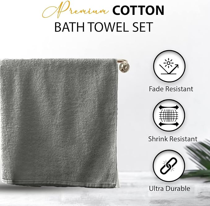 KAHAF COLLECTION 100% Cotton Bath Towels, 24x48 Pack of 6 Towels, Quick Dry, Highly Absorbent, Soft Feel Towel, Gym, Spa, Bathroom, Shower, Pool, Luxury Soft Towels (Light Grey, 24x48-6 Pack)