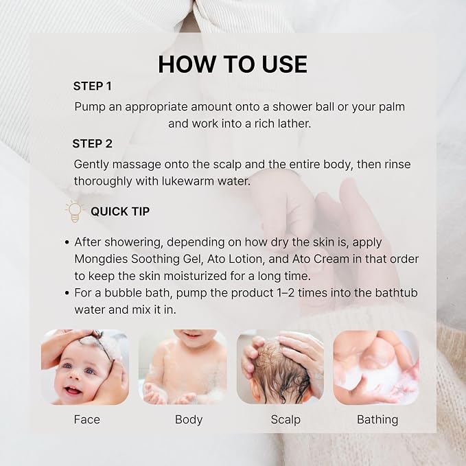 mongdies Baby Bath & Shampoo | Head-to-Toe All-in-One Gentle Wash | Tear-Free & pH Balanced Formula | 6-Layer Ceramide for Moisture Retention | Vegan & Dermatologist Tested | 13.52 fl. oz