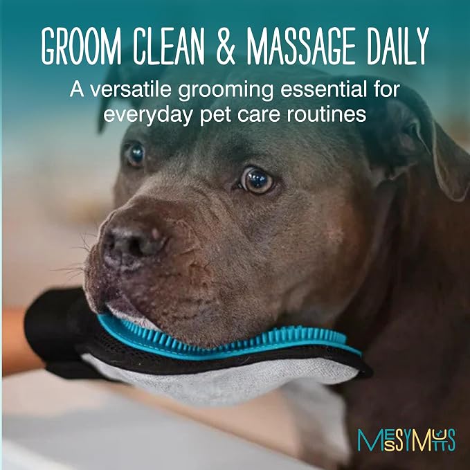 Messy Mutts Reversible Silicone Pet Grooming Glove | Gentle Massage, Brush, Bath and Dog Hair Removal Mitt | One Size Fits All | Blue