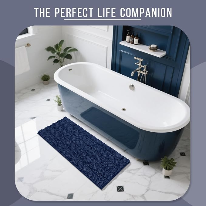 Yimobra Bathroom Rug Mat 44 x 24, Non Slip and Super Absorbent Bath Mat,Machine Washable Quick Dry,Ultra Plush Chenille Shower Rugs for Bathroom Floor Sink Tub and Shower Outside,Navy Blue