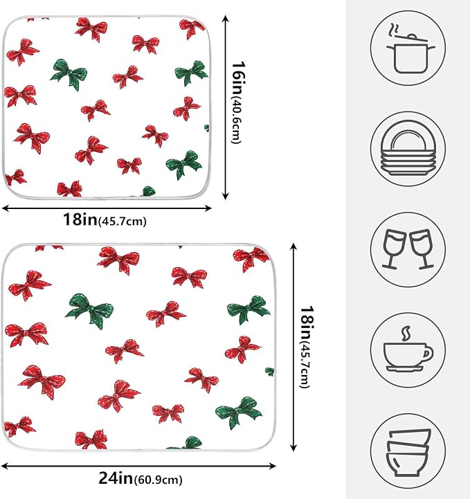 Christmas Bow Pattern Dish Drying Mat, Absorbent Drainer Mats for Kitchen Counter Coffee Maker 18"x16"